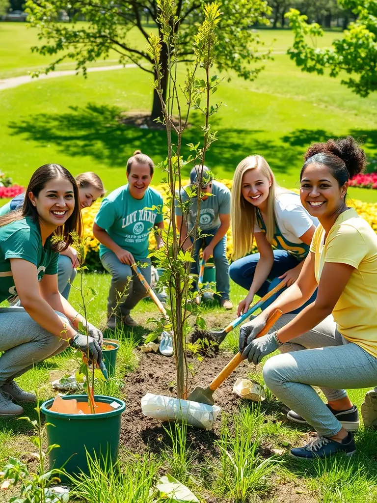 A dynamic image of a community cleanup event organized by COMITE DES FETES, with volunteers working together to beautify a local park, demonstrating civic engagement.