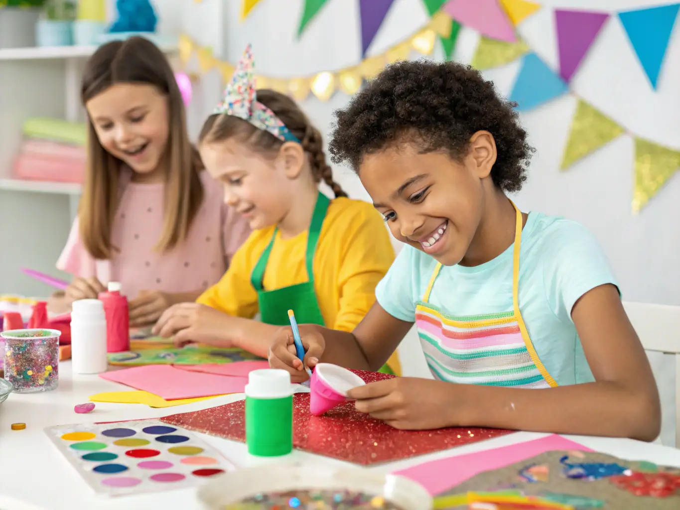 A photograph capturing children participating in an arts and crafts workshop during a community event, emphasizing creativity and learning.