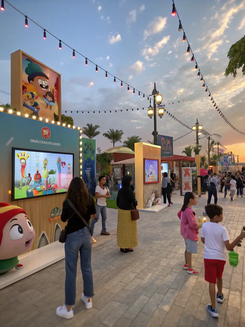 A photograph capturing the vibrant atmosphere of the annual village festival organized by COMITE DES FETES, showcasing families enjoying games and local food stalls.