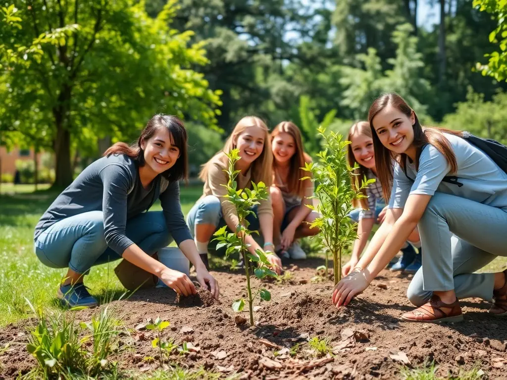 An image showing community members planting trees in a local park, highlighting environmental stewardship and community improvement.
