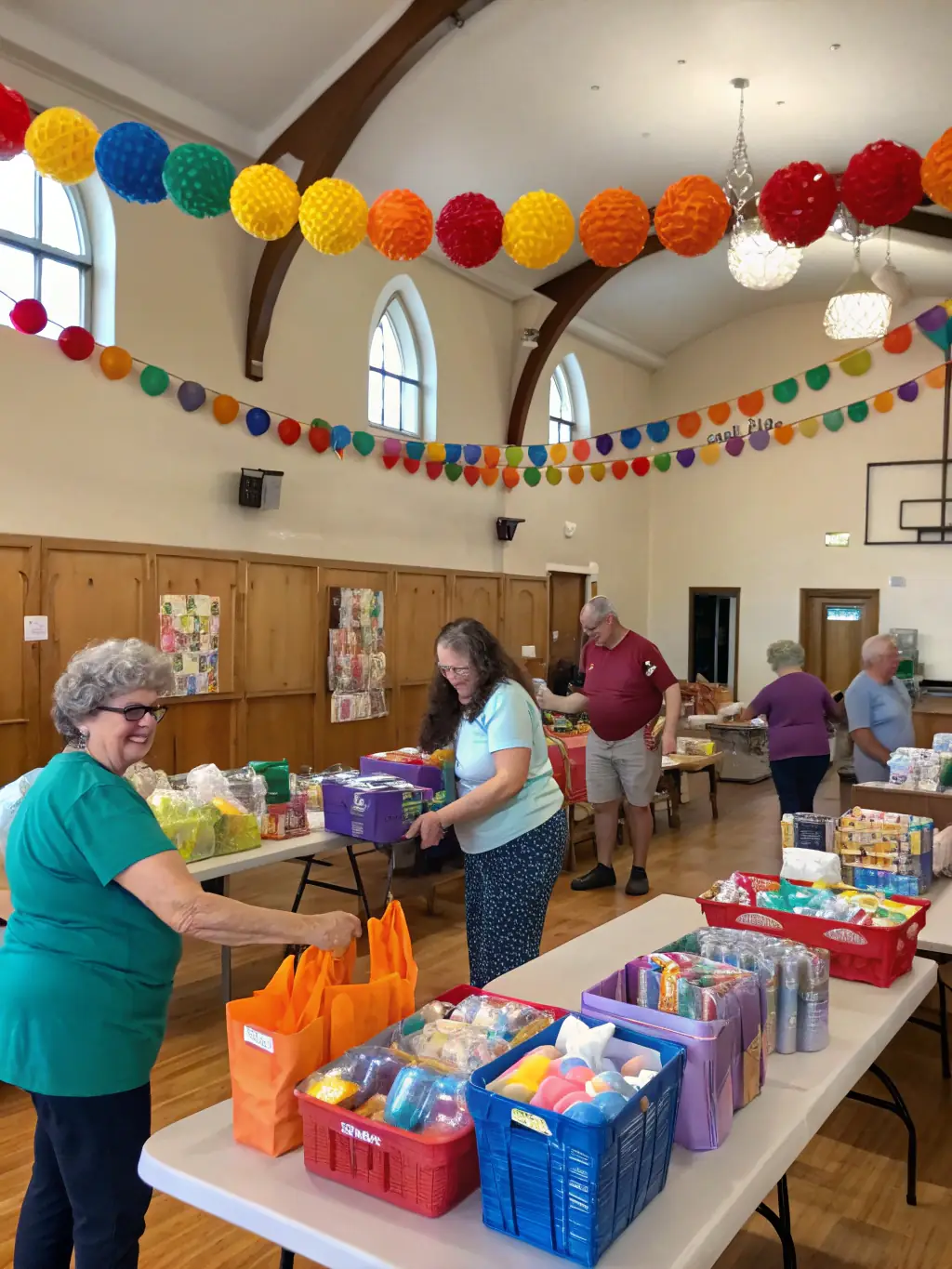 A picture of volunteers setting up decorations for a Christmas market organized by COMITE DES FETES, highlighting the collaborative effort.