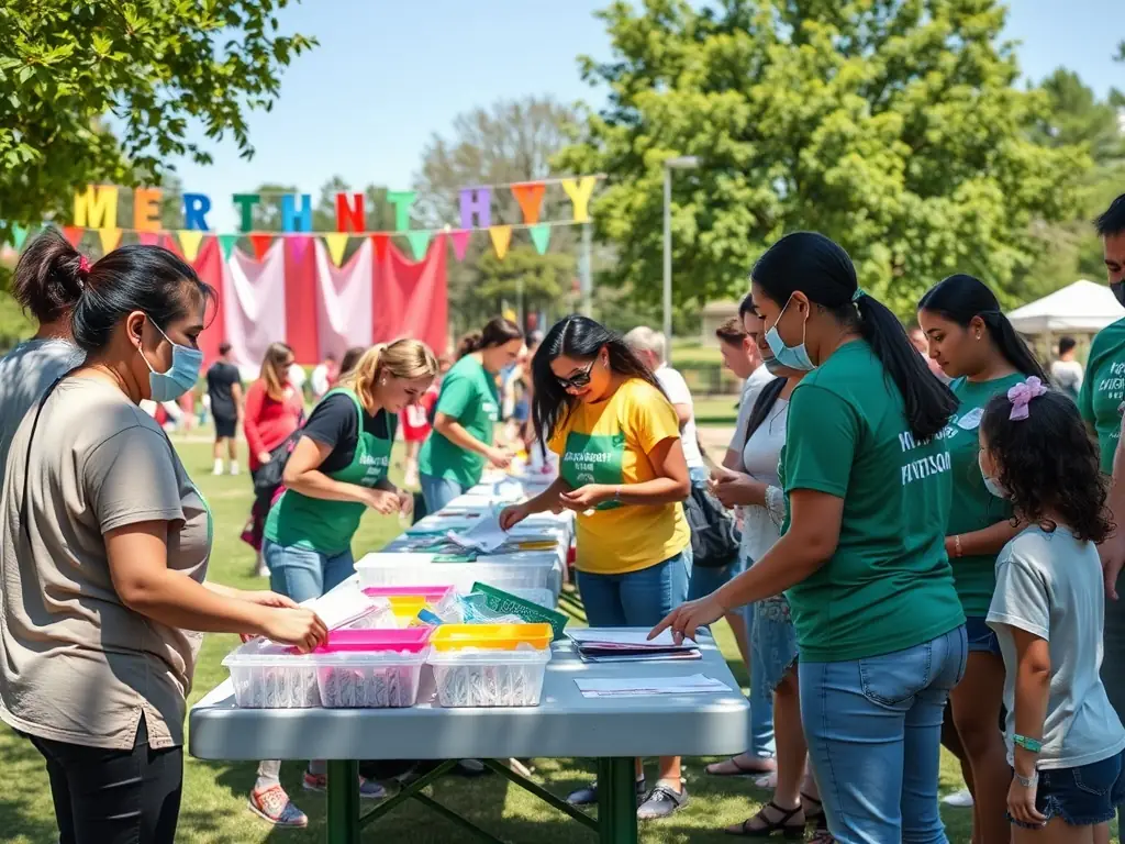 A vibrant image depicting volunteers setting up decorations for a local festival, showcasing community spirit and collaboration.