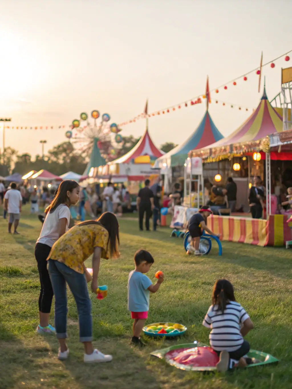 A vibrant image capturing a local festival organized by COMITE DES FETES, showcasing people of all ages enjoying the festivities, with colorful decorations and joyful expressions.